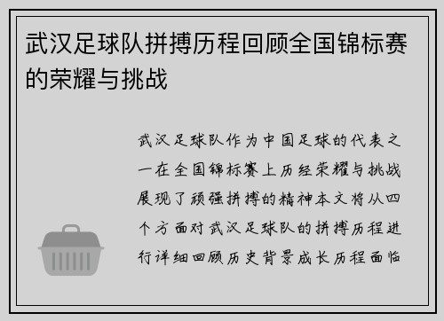 武汉足球队拼搏历程回顾全国锦标赛的荣耀与挑战