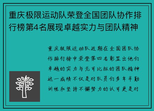重庆极限运动队荣登全国团队协作排行榜第4名展现卓越实力与团队精神